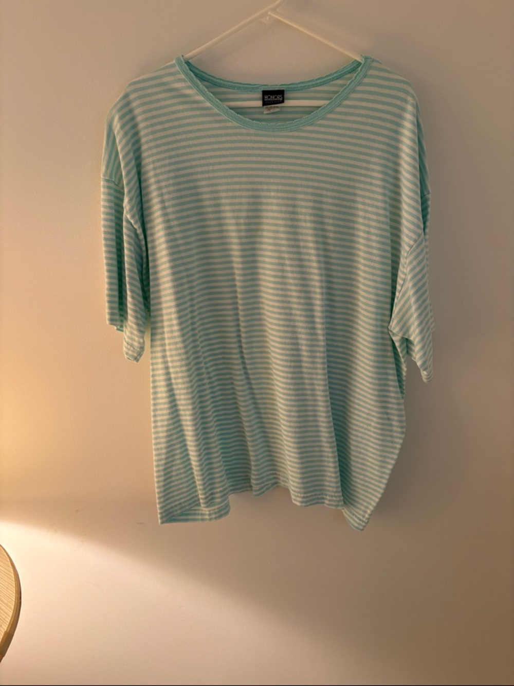 Honora Mint and White Striped Short Sleeve Top